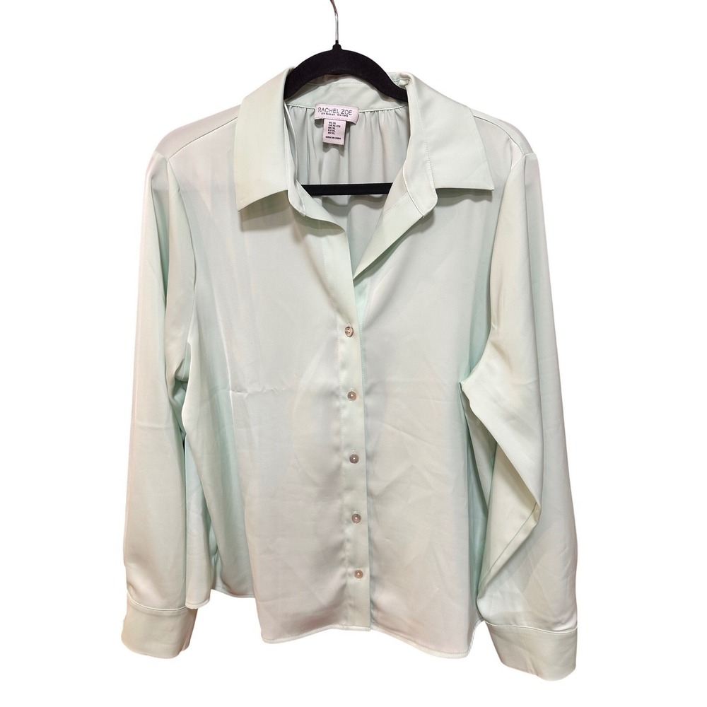 Rachel Zoe Mint Green Button Down Blouse Long Sleeve Pleated Back XL